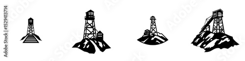 Black icon set depicting various watchtowers situated on mountain landscapes