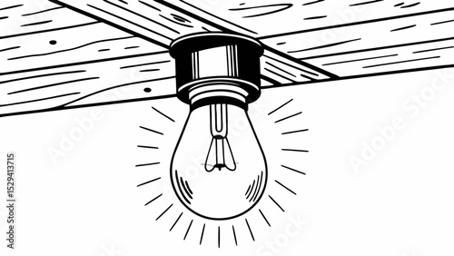 Vintage Black and White creating warm ambiance, Vintage glowing light bub on wooden ceiling,