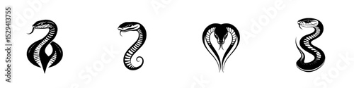 Set of black snake icons featuring distinct designs and shapes, ideal for logo creation or graphic representation