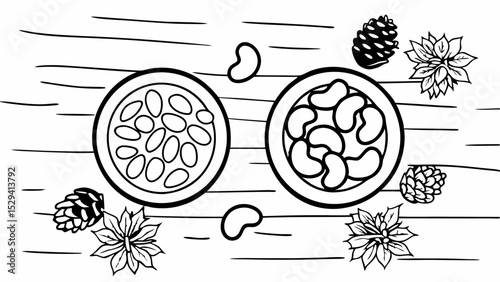 Vintage Black and White Nuts and seeds in bowls with decorative elements create cozy atmosphere