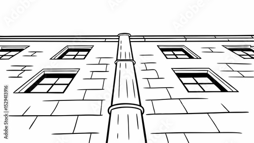 Vintage Black and White low angle view of stone wall with several even windows creates striking perspective