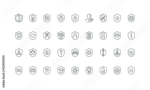 Different defense shields protect health and life in accident, property, money, code thin black symbols vector illustration. Shield warranty for quality, security protection line icon set.