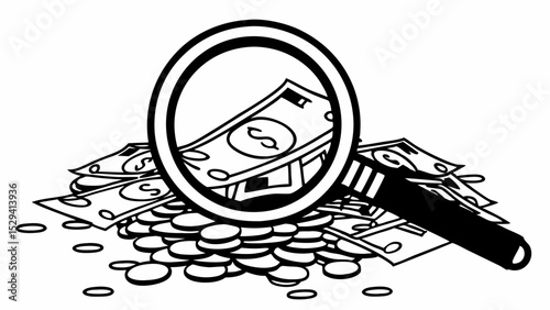 Financial analysis, Vintage Black and White magnifying glass focuses on pile of cash and coins,