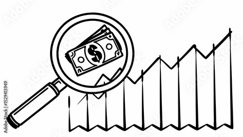 Financial growth and analysis, Vintage Black and White magnifying glass focuses on money and rising graph,