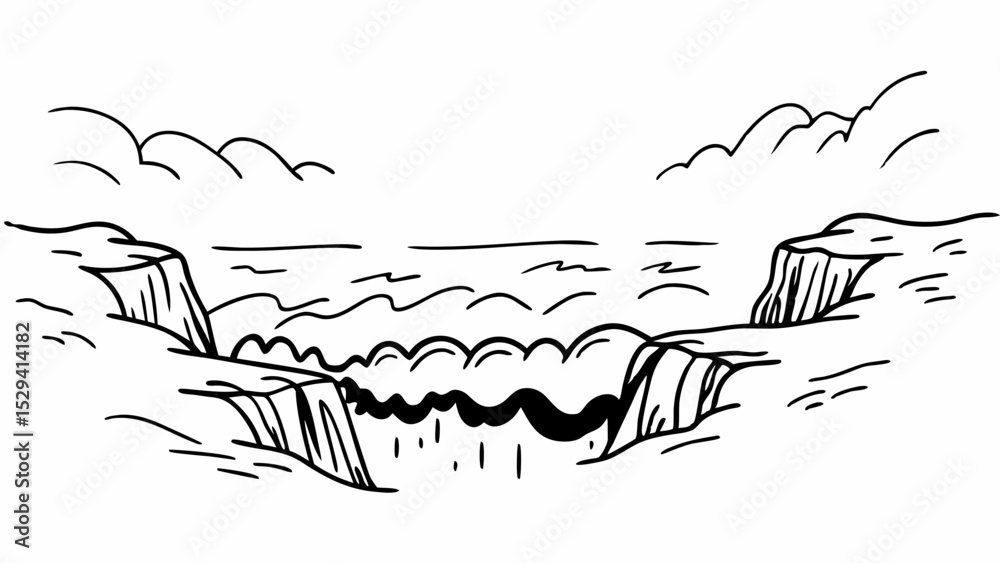 Fototapeta premium Vintage Black and White serene landscape illustration depicts cliffs surrounding calm body of water, evoking tranquility
