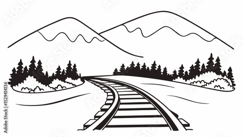 Vintage Black and White scenic railway track curves gently through mountainous landscape, evoking sense of adventure