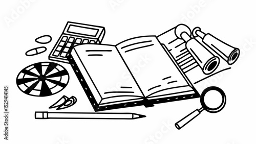 Vintage Black and White open book lies on table surrounded by various study tools, creating curious atmosphere