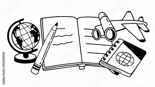 Vintage Black and White Globe, notepad, pencil, airplane, binoculars, travel items inspire adventure