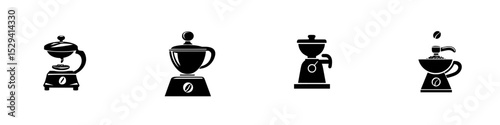 Collection of black icons depicting kitchen appliances for blending, mixing, coffee grinding, and food preparation