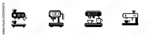Set of black coffee maker icons showcasing various espresso machine designs in a minimalistic style for modern kitchen decor