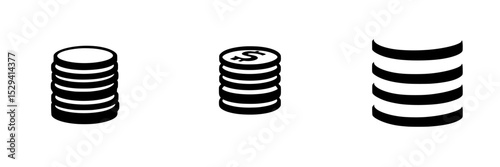 Set of black icons representing different stacks of coins, showcasing a minimalist design suitable for financial themes