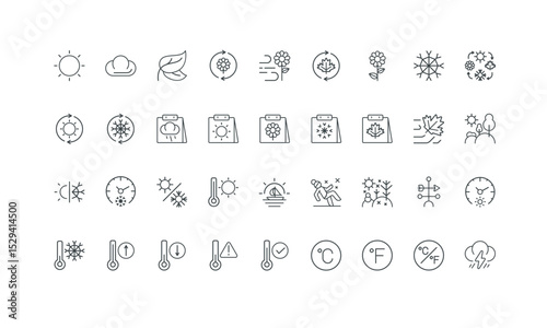 Decrease and increase temperature of air on thermometer thin black and red symbols vector illustration. Four seasons, hot and cold weather of winter, summer and spring, autumn time line icon set