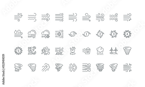 Swirl and arrow of breeze, wind front, hurricane cyclone thin black and red symbols vector illustration. Wind weather forecast, lines and vortex, twirls of air flow, warning scales of typhoon icon set