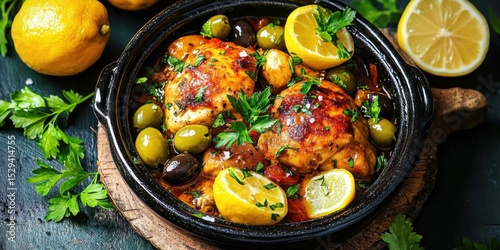 Traditional Moroccan chicken tagine with olives and salted lemons