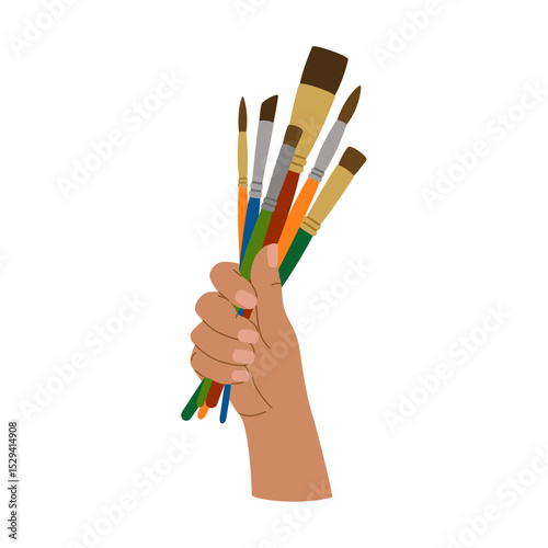 Hand holding paintbrushes.Various brushes for painting and drawing, artist tools, art supplies. Hand drawn vector illustration isolated on white background, modern flat cartoon style.