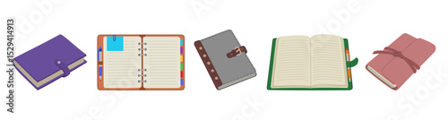 Note pad set. Diary, business organizer, daily planner, open and closed notebooks. Office and school stationery. Hand drawn vector illustration isolated on white background, flat cartoon style.