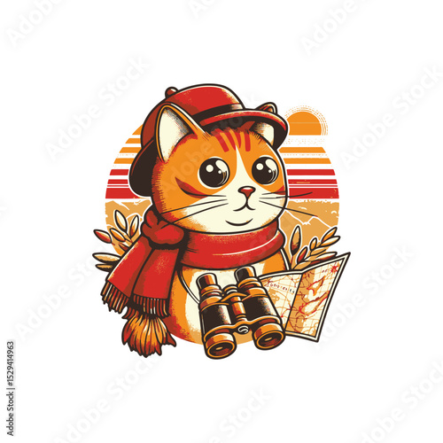 Adventurous Cat with Map and Binoculars at Sunset