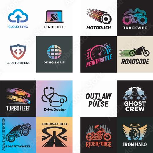 Collection of modern automotive and technology logos featuring concepts for cloud services design coding and transportation businesses
