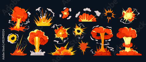 Explosion effects set in cartoon style with fiery blasts, smoke clouds, and shockwaves on dark background. Concept of action and destruction. Vector illustration