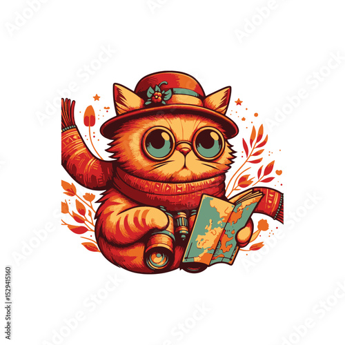 Adventurous Cat with Map and Binoculars in Nature