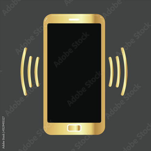 Elegant golden smartphone concept with ringing sound waves on a dark gray background