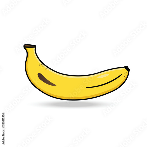 A curved yellow banana with a small brown spot and shadow, styled in a cartoon design