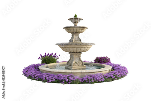 Ornate multi-level stone fountain with decorative carved details and purple flower border landscaping, isolated on a transparent background