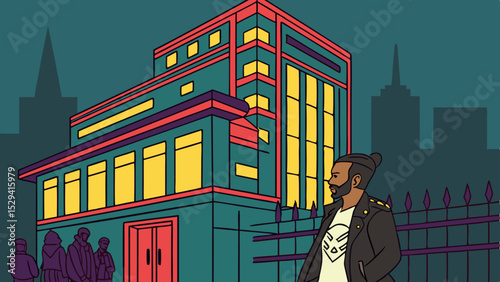 night-scene--colorful-illuminated-building--man-in