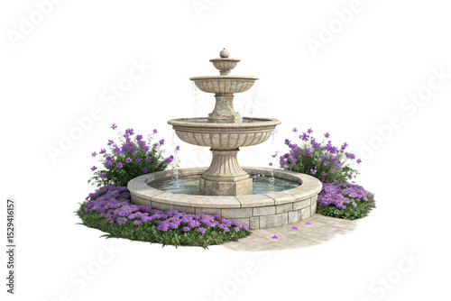 Ornate three-tiered stone fountain with purple flowers surrounding circular base in classical garden design, isolated on a transparent background