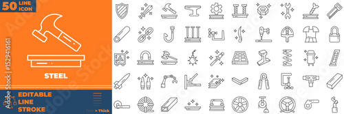 Steel Line Editable Icons set. Vector illustration in modern thin line style of steel icons: beam, blacksmith, bolt, iron, etc
