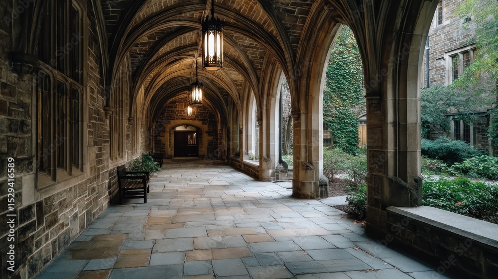 Fototapeta premium Serene Stone Corridor: A Peaceful Passage Through Collegiate Architecture