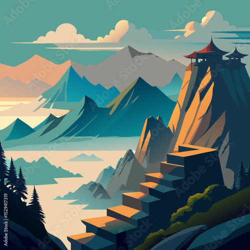A foggy mountaintop with exposed rocky ledges in Taiwan

