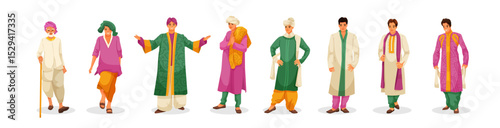 Group of Indian men in traditional attire, cartoon style, white background. Concept of cultural diversity and ethnic fashion. Vector illustration