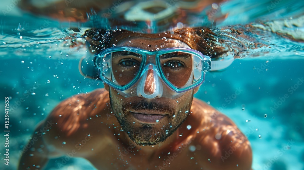 Naklejka premium A captivating underwater portrait of a man with snorkeling gear, showcasing the beauty of marine life and the thrill of underwater exploration in vibrant waters.