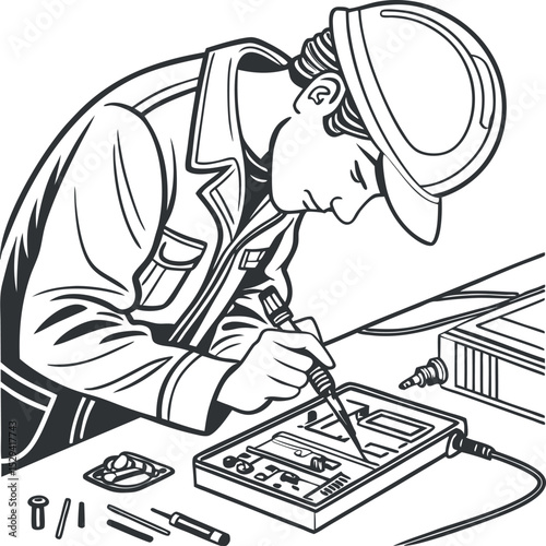 This collection of black and white images depicts hands performing various actions related to mechanical work or service, often involving tools or automotive components.