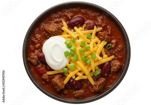 Bowl of hearty chili topped with cheese, sour cream, and green onions, ready to serve