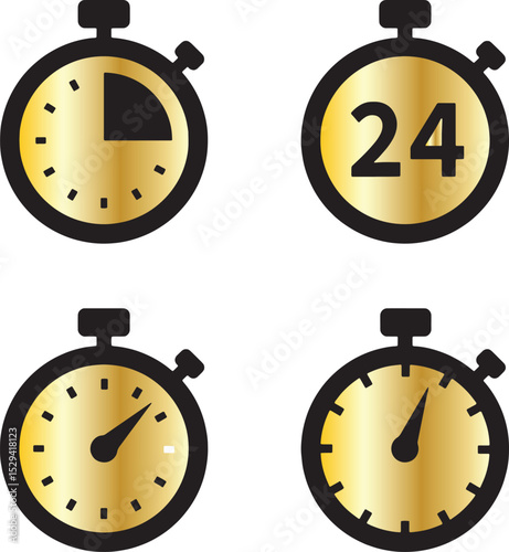 Gold stopwatch clocks with 24 number and multiple time demonstrations in minimalist design