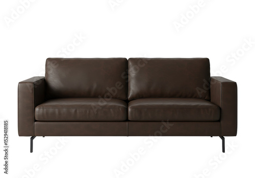 Modern brown leather sofa in a minimalist living room setting with natural light