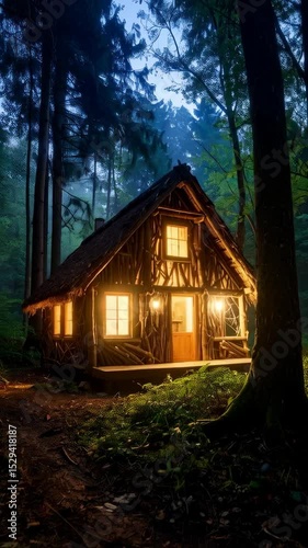 Rustic wooden cabin nestled in a dense forest at dusk with glowing windows, surrounded by tall trees, lush foliage, and serene atmosphere.