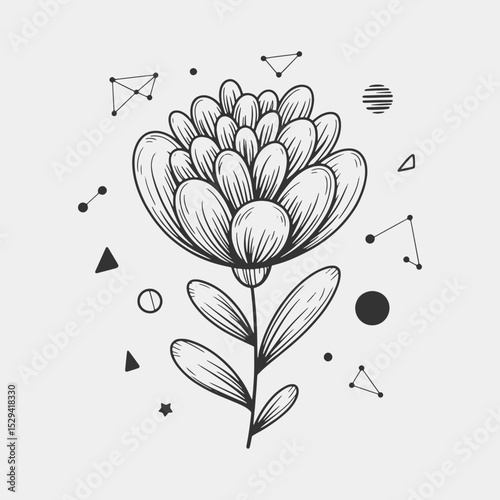 A flower is drawn in the center with a star and a planet in the background
