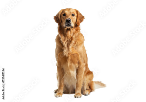 A golden retriever sitting gracefully on a plain background, showcasing its friendly demeanor