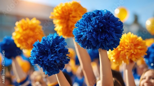 Cheerleaders hold up vibrant blue and yellow pom-poms in a lively outdoor sports event with bright sunlight and blurred crowd background.