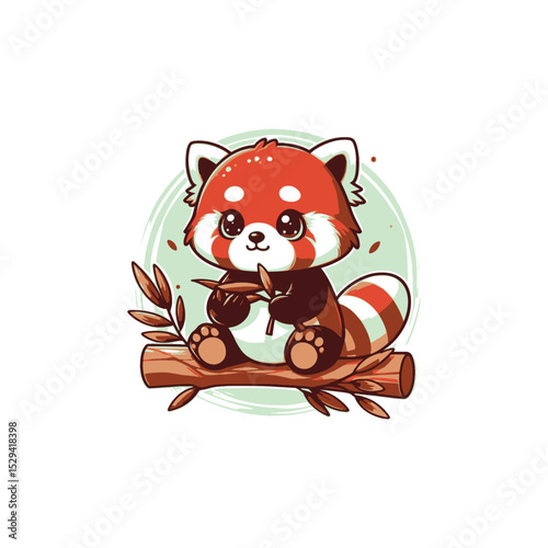 Cute cartoon red panda sitting on a log with leaves