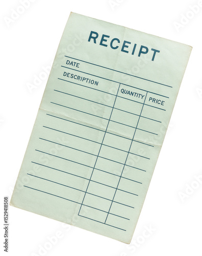 Blank receipt with sections for date, description, quantity, and price, organized in a grid format on transparent background.