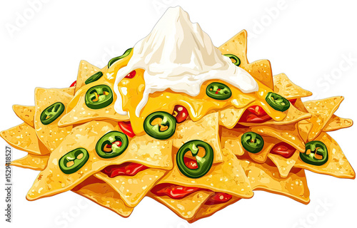 Pile of cheesy nachos, topped with crema and jalape?os