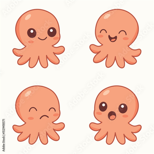 Cute Octopus Doodle Illustration with Four Expressions