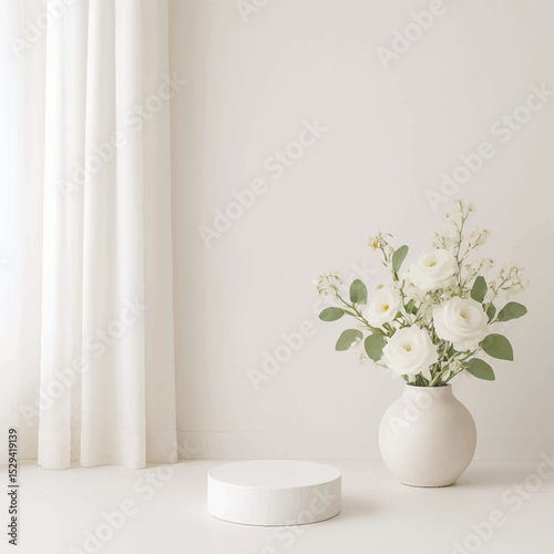 Minimalist Product Mockup Background with Vase of Colorful Wildflowers and Soft Shadows – Ideal for Branding, Packaging Display, and Product Showcases.