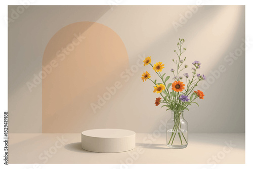 Minimalist Product Mockup Background with Vase of Colorful Wildflowers and Soft Shadows – Ideal for Branding, Packaging Display, and Product Showcases.