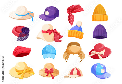 Collection of colorful hats and caps in cartoon graphic style, displayed on white background. Concept of fashion accessories. Vector illustration