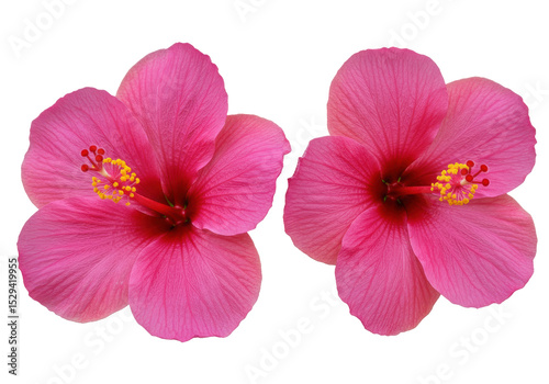 Two vibrant pink hibiscus flowers blooming with lush green leaves in a serene garden